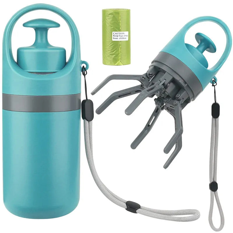 Blue portable dog poop scooper with built-in bag dispenser and eight-claw shovel mechanism
