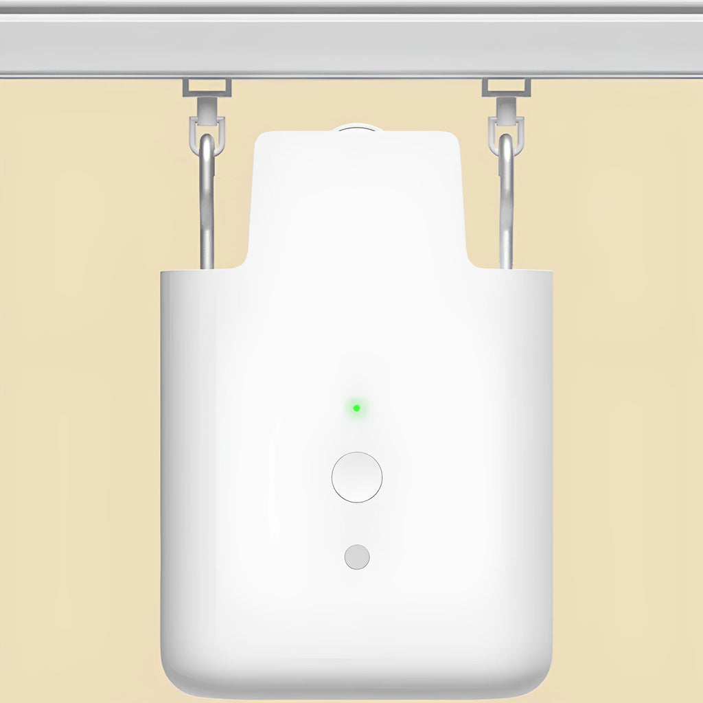 White USB-powered automatic curtain opener device with rechargeable battery