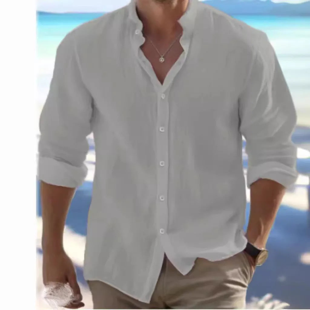 Men's casual linen button-up summer shirt in long-staple cotton on a hanger.
