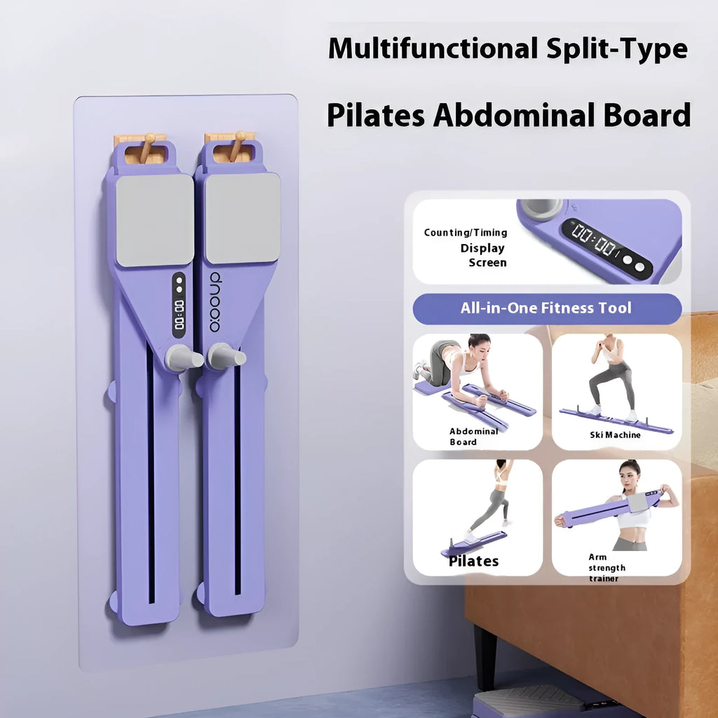 Purple and pink multifunctional split ski machine trainer for indoor fitness, shown with an 85cm long board.