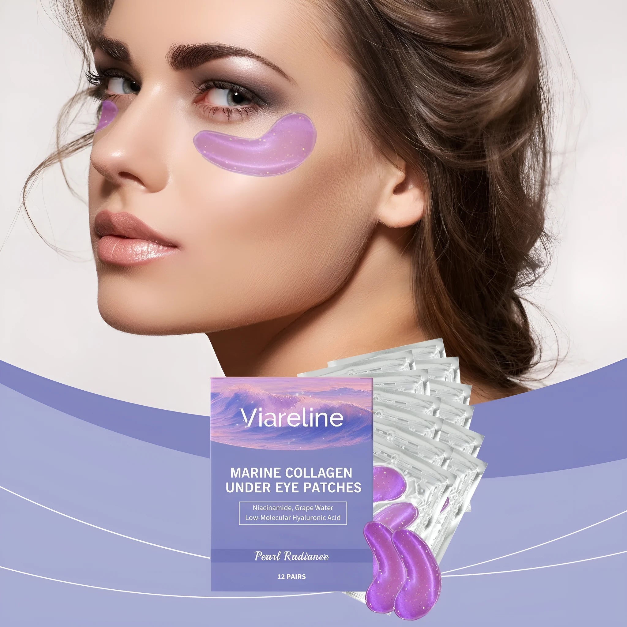 Pack of 12 collagen and hyaluronic acid moisturising eye masks for daily skincare.