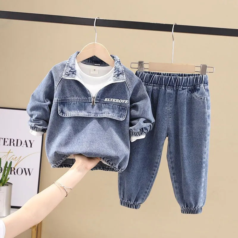 Boys black and blue denim two-piece suit set with long sleeves in Korean style children's clothing