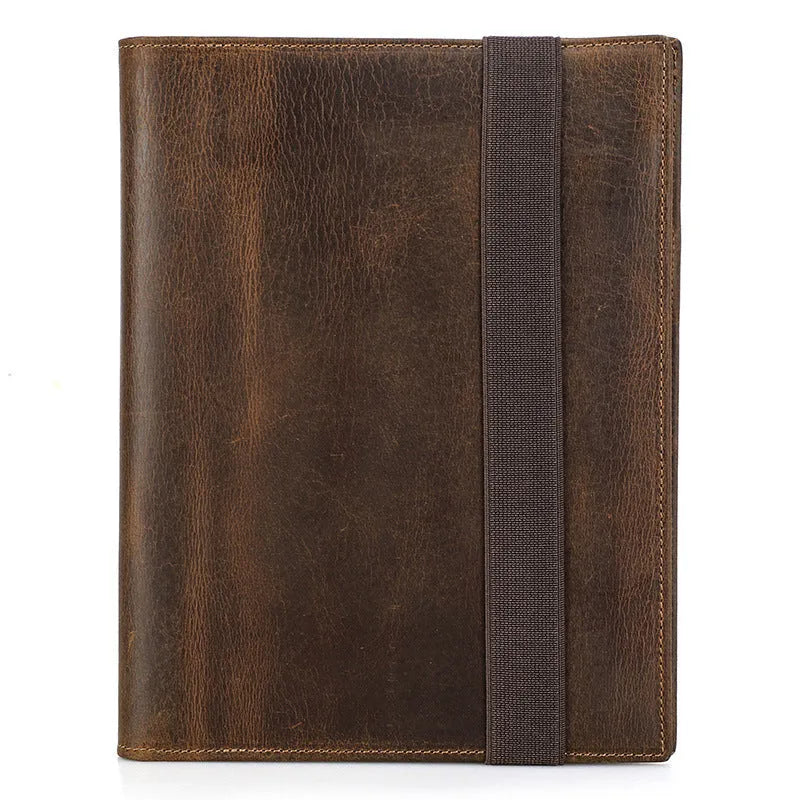 Brown crazy horse leather A5 notebook protective sleeve with square shape and socket closure
