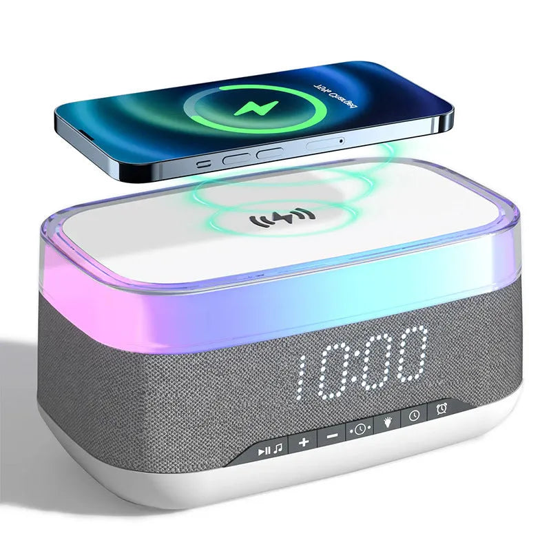 White multifunctional alarm clock with Bluetooth speaker and wireless charging pad