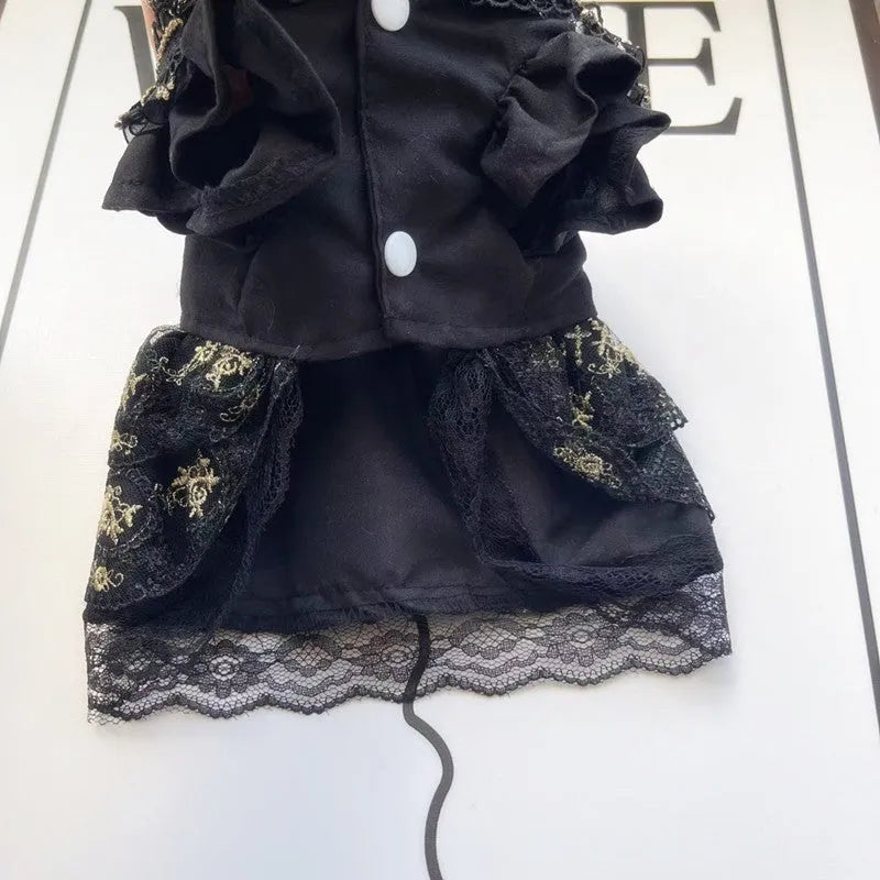 Golden gothic princess style skirt dress for a small dog on a mannequin, showing the skirted design.