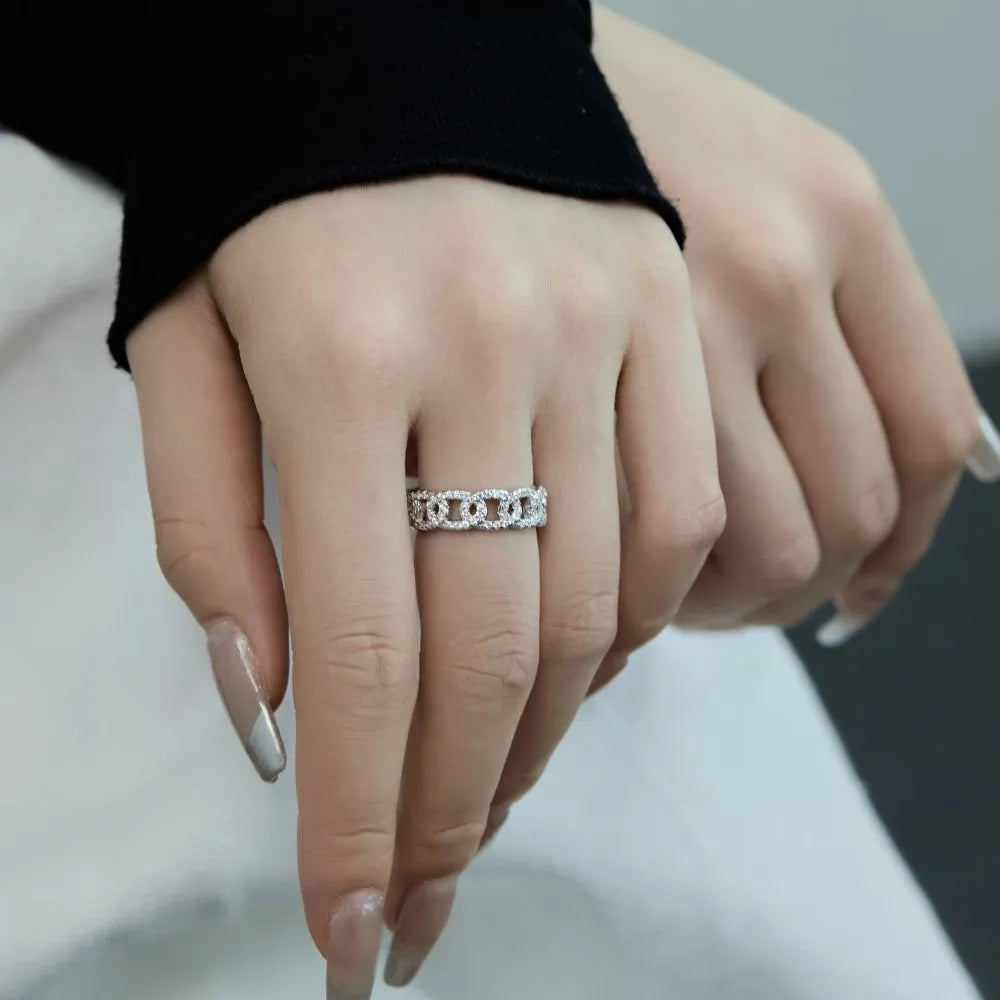 Silver punk chain ring for women with electroplated finish on white background