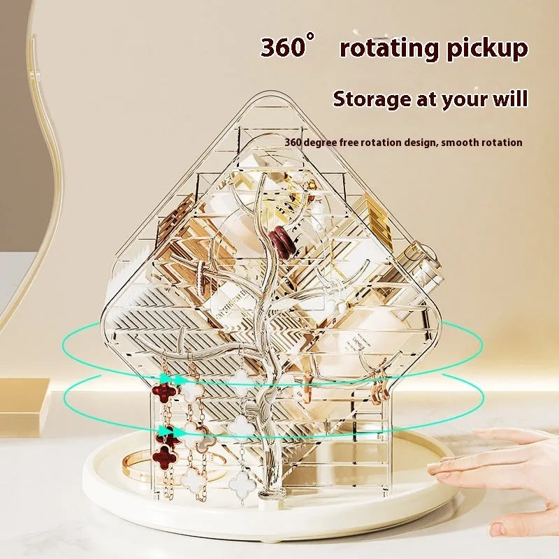 Clear and Amber Gold rotating plastic cosmetics storage box on a countertop
