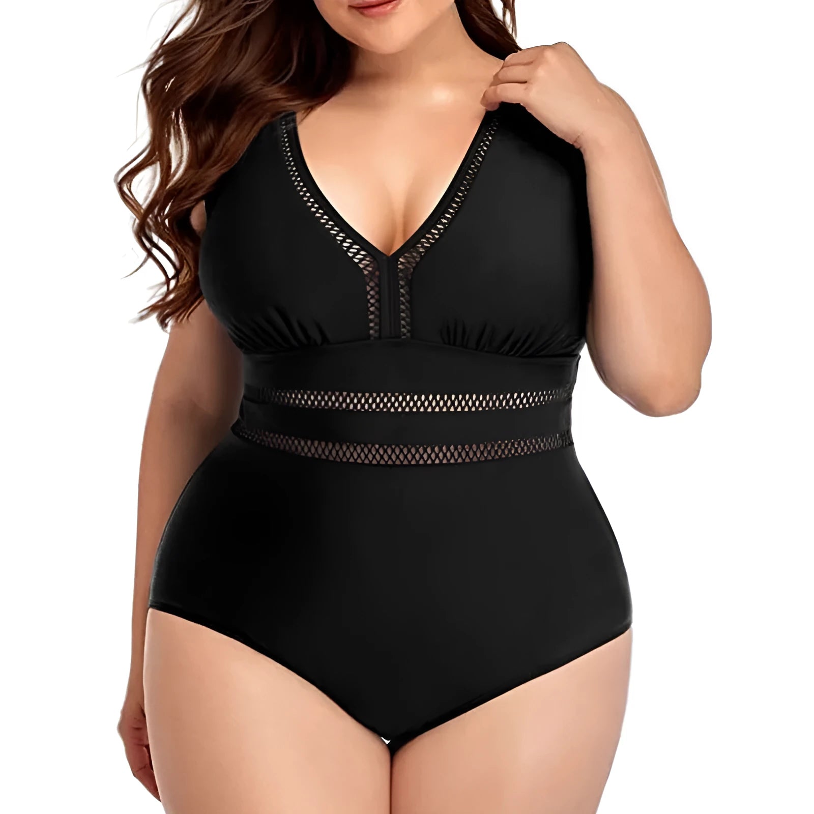 Black plus size women's bikini swimsuit with print pattern on polyester mesh fabric