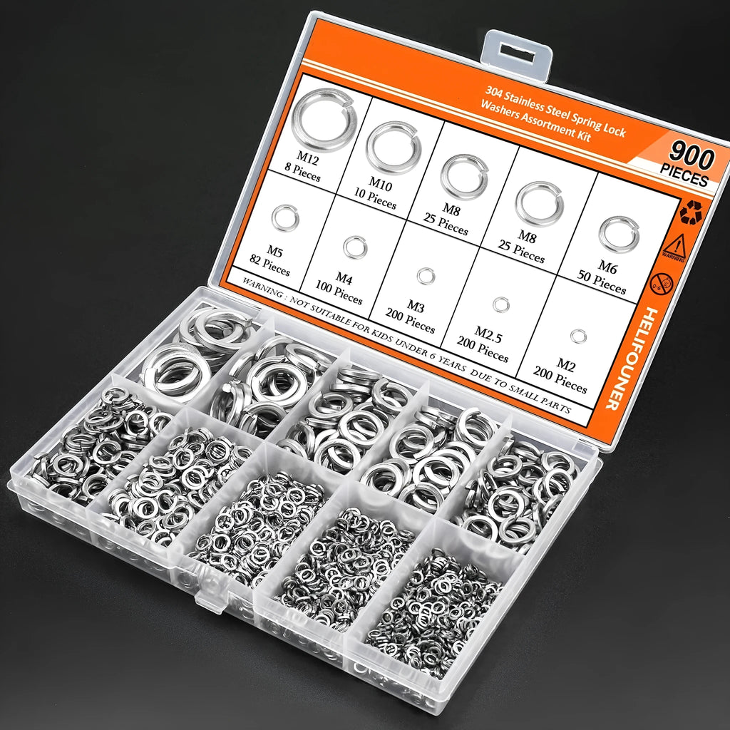 304 stainless steel spring washer assortment kit with 900 pieces in a box, sizes 2mm to 12mm