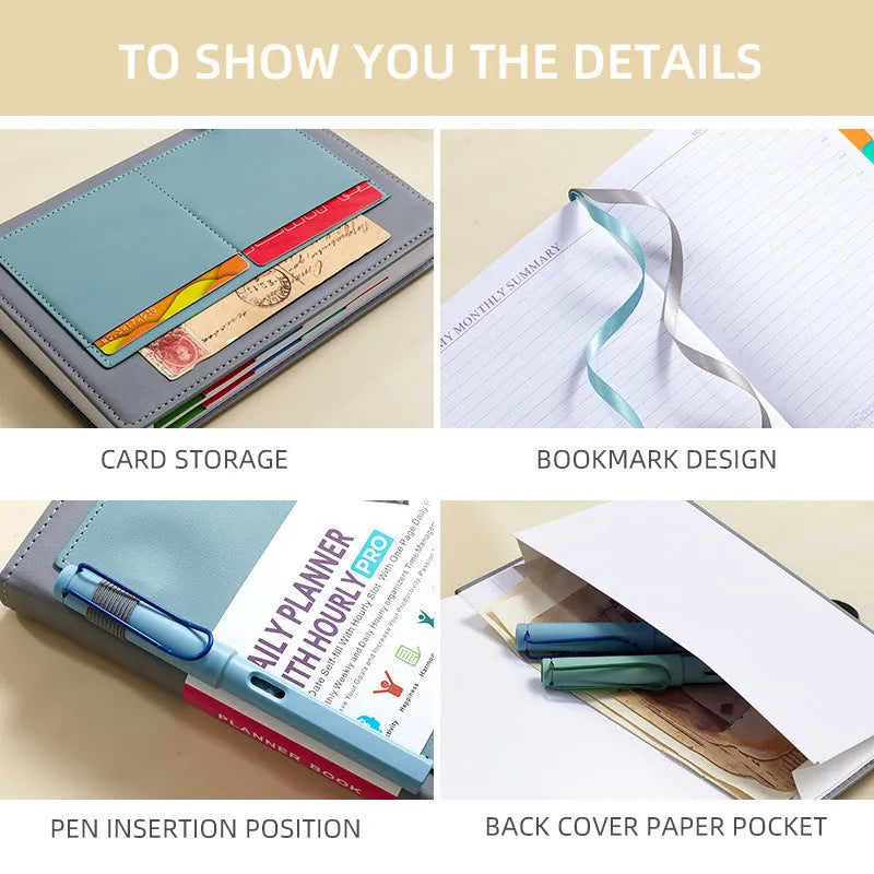 No-date notebook with thread binding, PU cover in multiple colours, shown open on 80g wood-free paper.