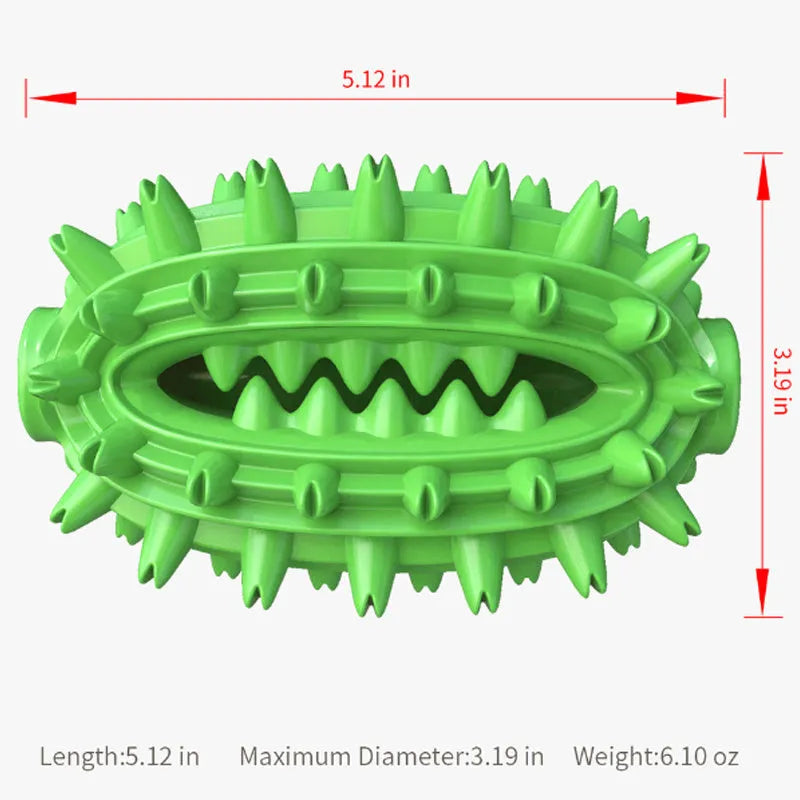 Green or yellow cactus-shaped rubber dog chew toy for dental care, shown with treat channel.