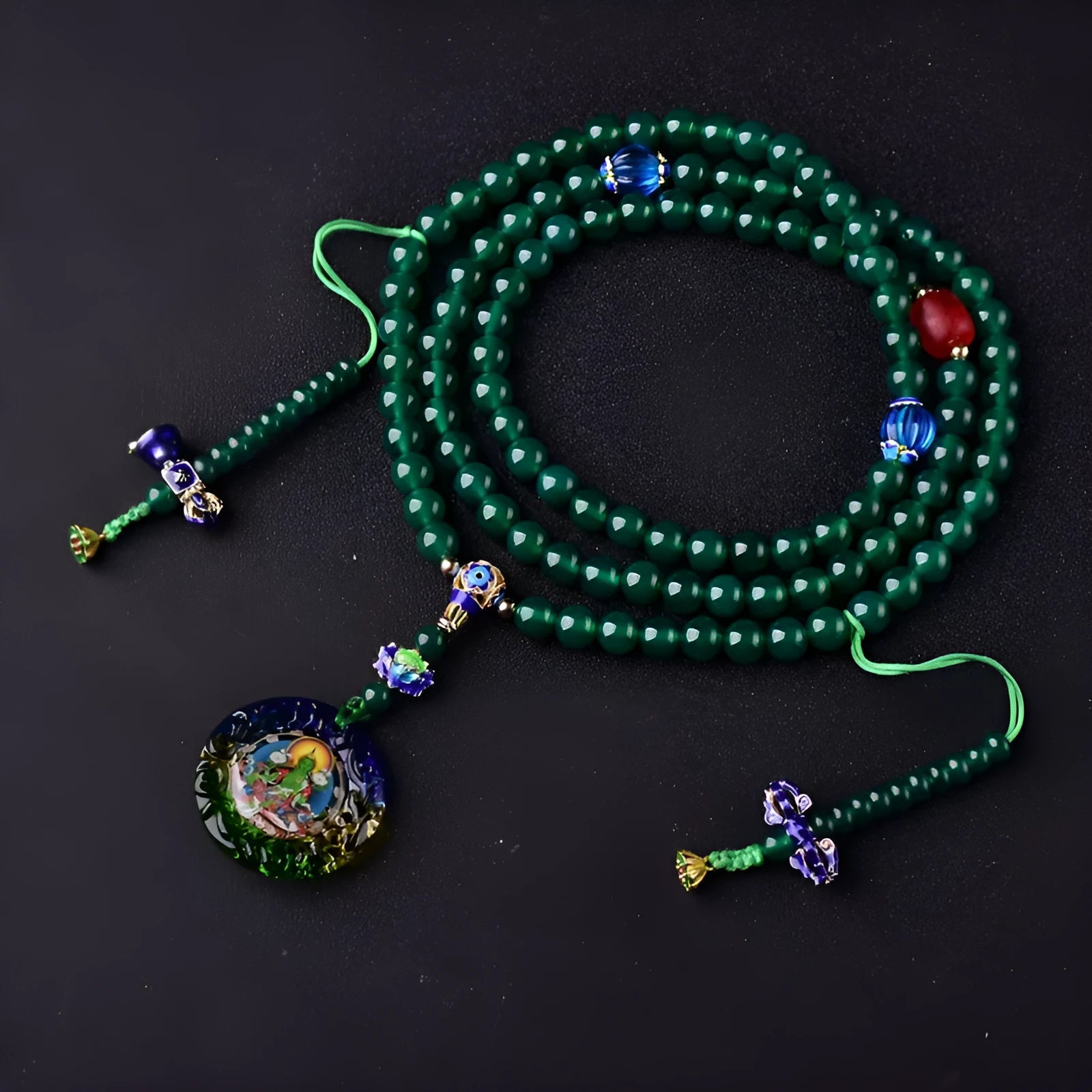 Handmade natural green agate bracelet with 108-bead thangka pendant and multi-circle ornamentation