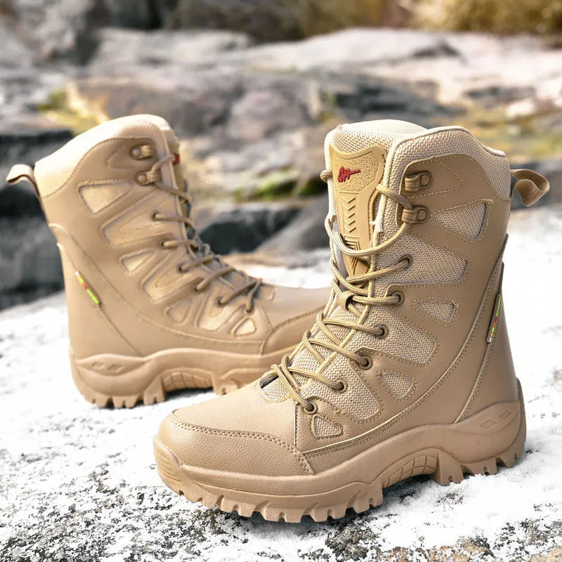 Men's beige cowhide leather hi-top hiking shoes with platform sole on a rocky outdoor surface.