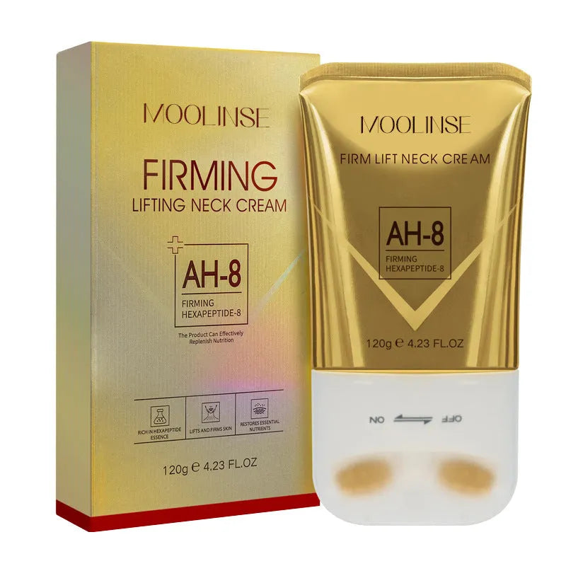 Neck moisturising cream with roller applicator for dry skin treatment in medium sample size packaging