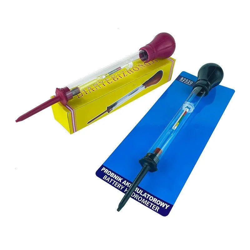 Glass automotive battery hydrometer with red and black units for electrolyte density testing