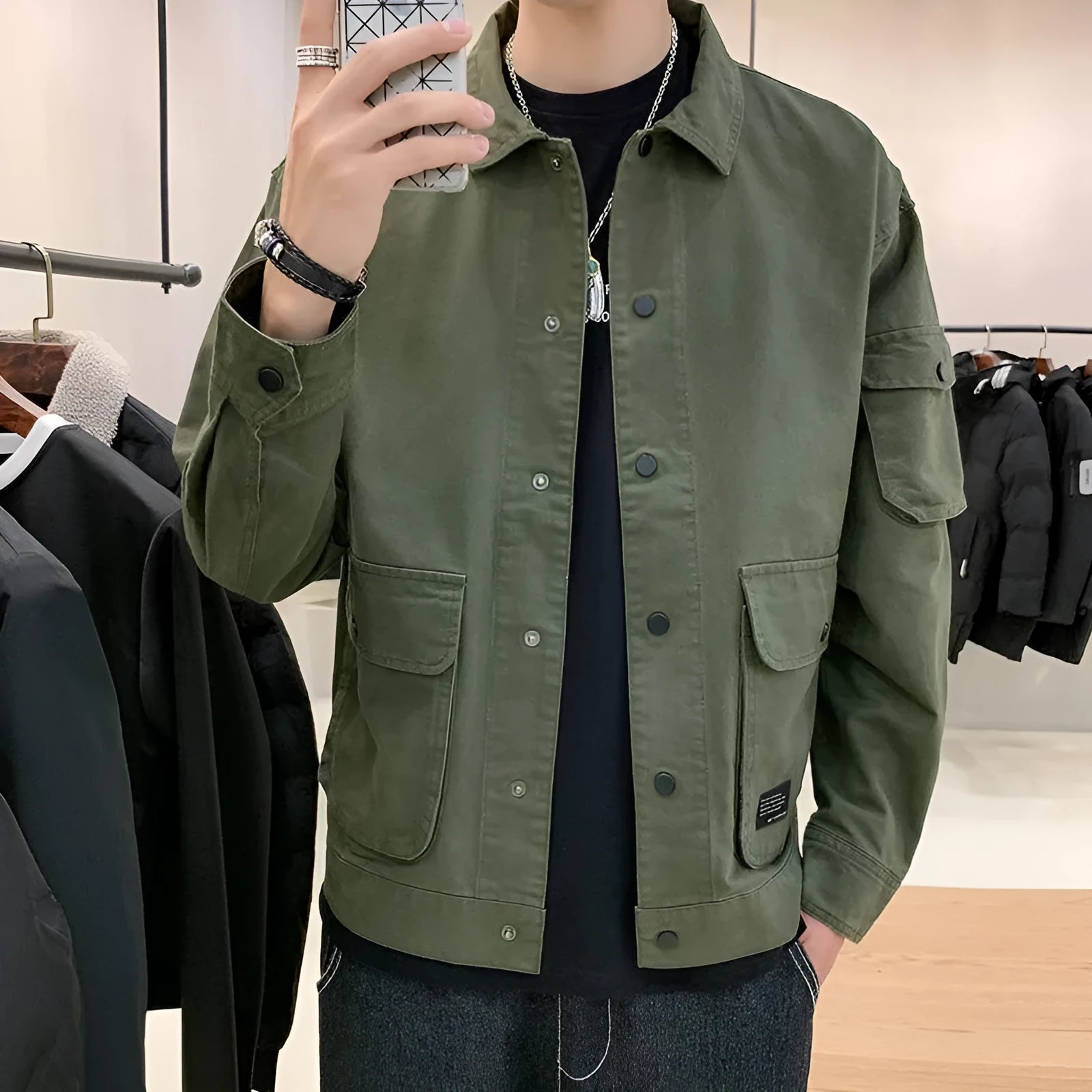 Men's autumn coat with lapel collar in army green, loose fit polyester-vinylon blend, front view