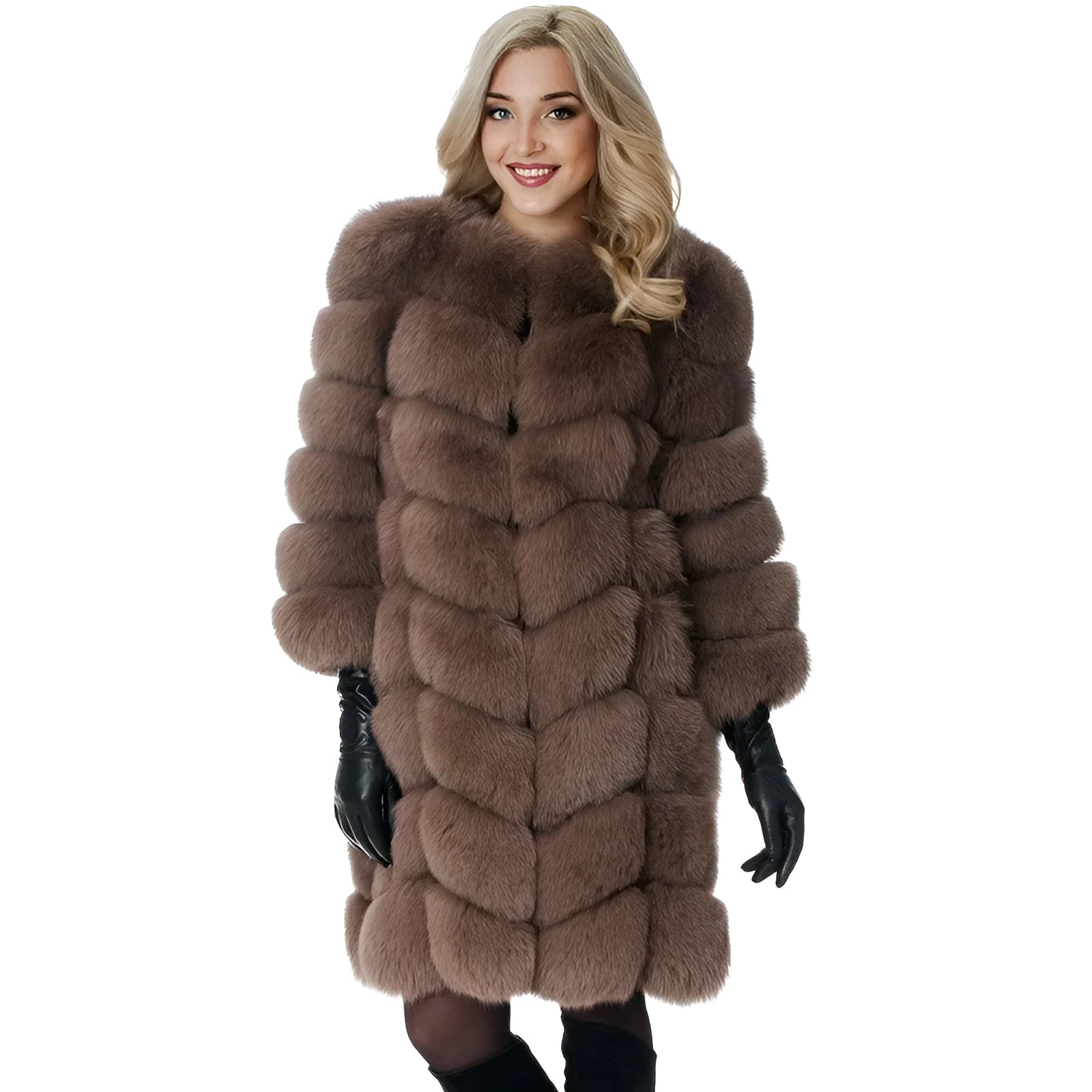 Women's longline thick artificial fur coat in wine red colour, showing regular sleeves and full-length design.