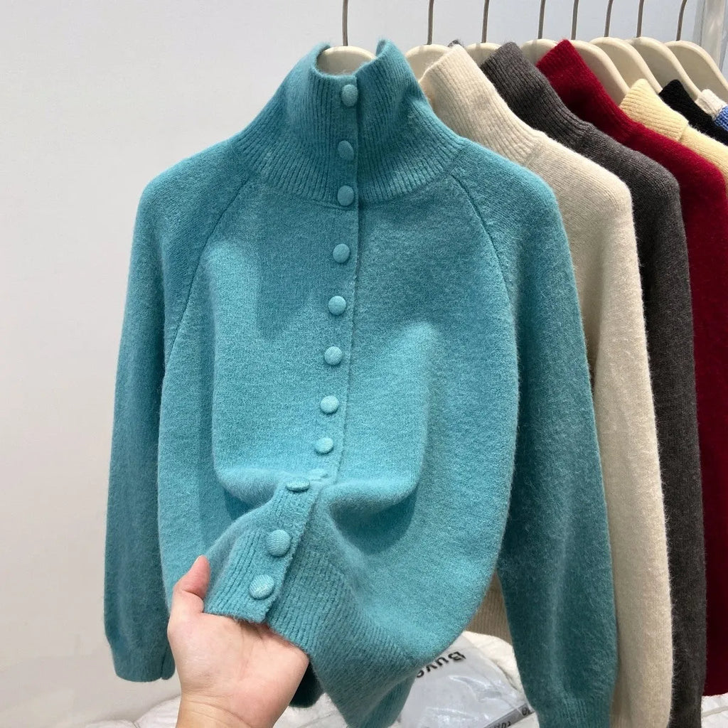 Women's turtleneck single-breasted cardigan in thick knitted polyester, button front, loose fit, available in multiple colours