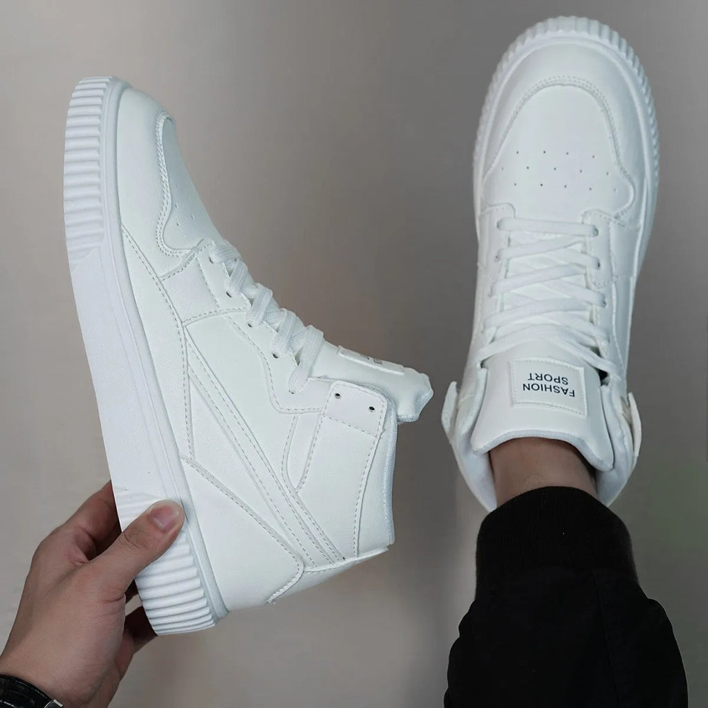Men's white casual shoes with a microfiber upper and round toe for autumn and winter wear.