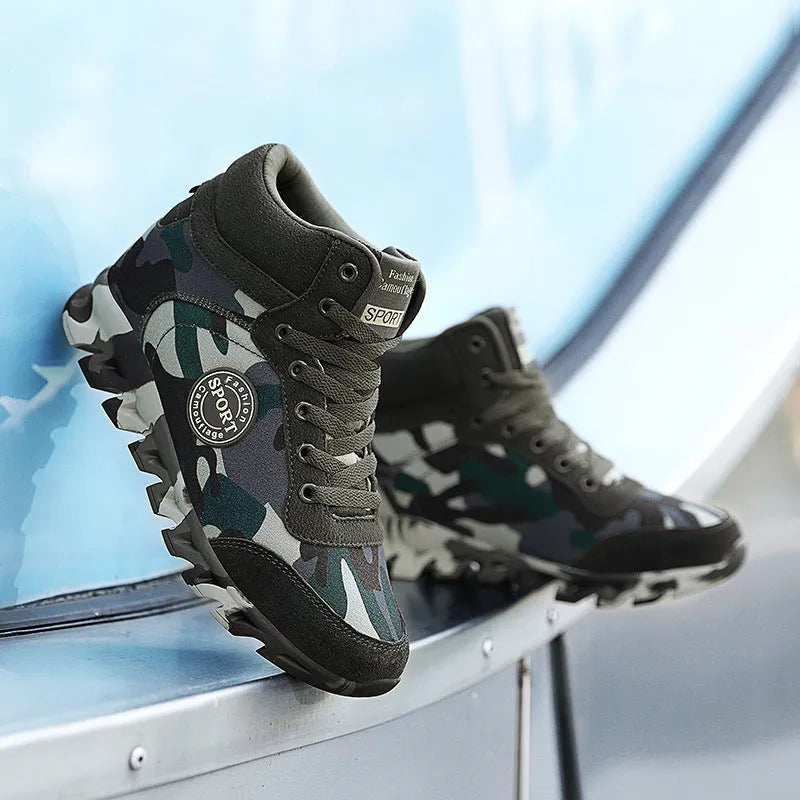 Women's green camouflage print canvas sneakers with rubber sole and lace-up closure.