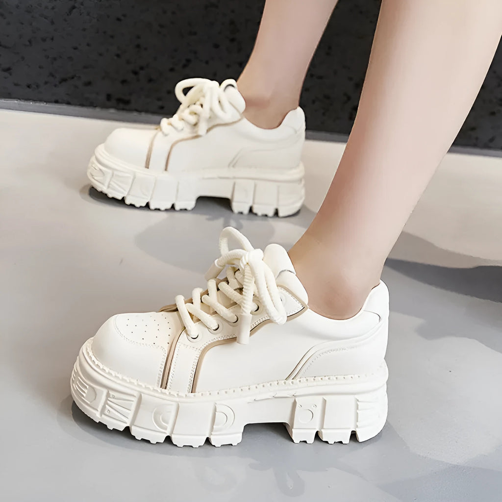 Beige and pink leather casual shoes with spring muffin bottom design and rubber foam soles