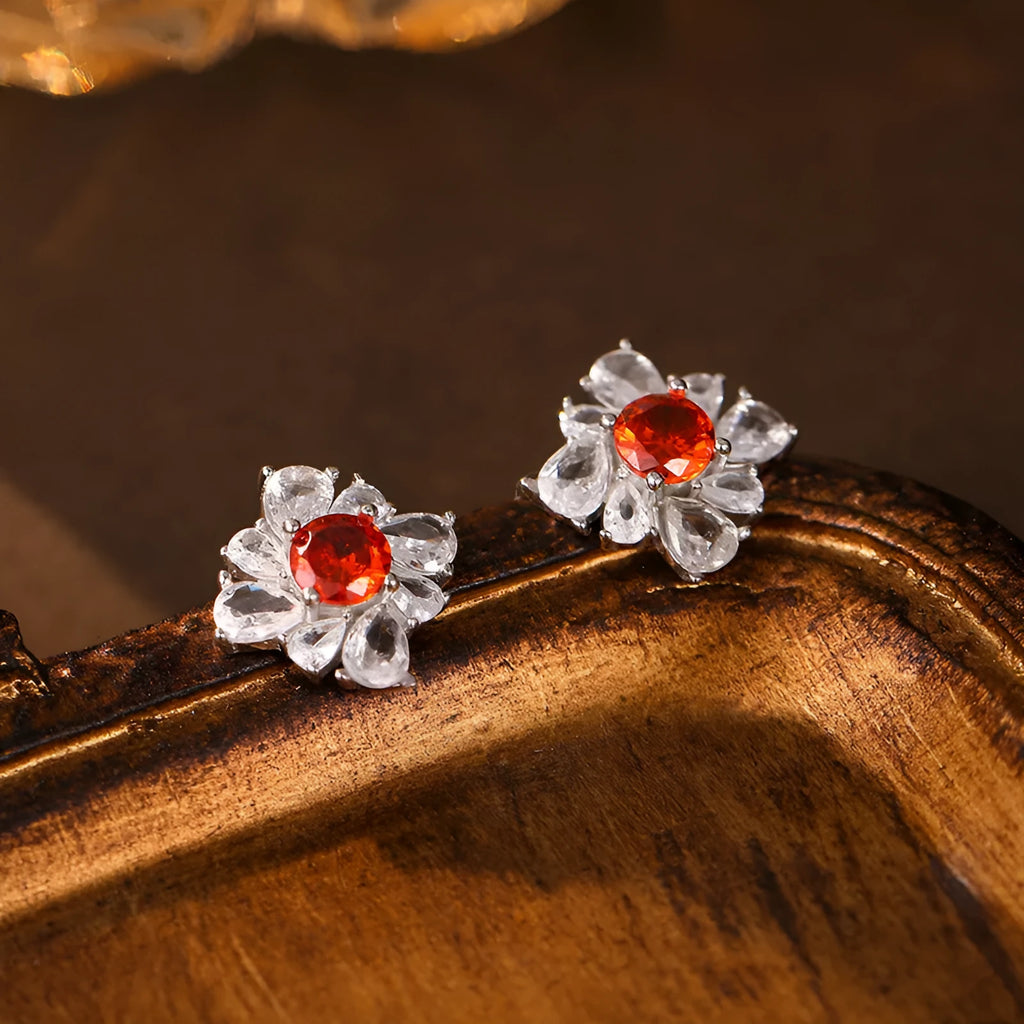 Retro geometric 925 silver earrings with white gold electroplating and pigeon red accents