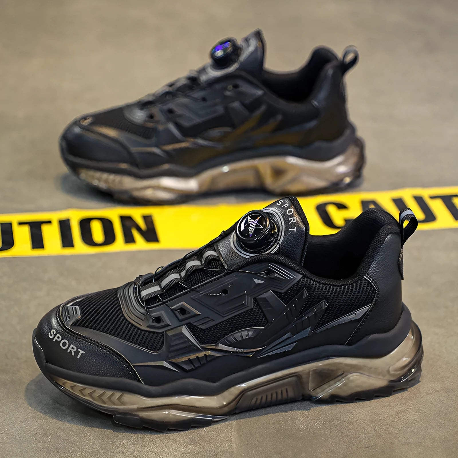 Men's black rotating button dad shoes with a mesh upper and platform sole