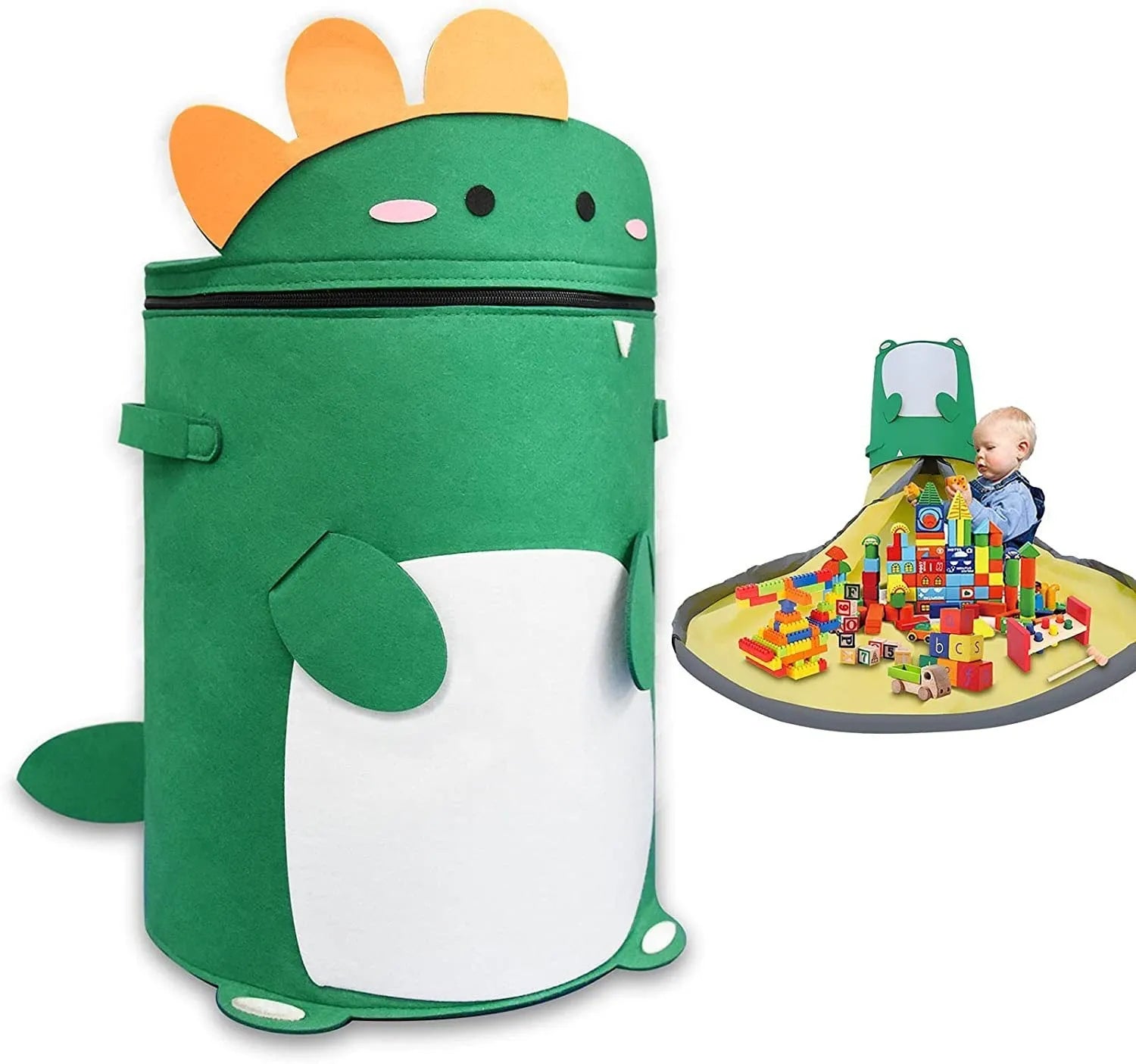 Green felt cube storage bag with pull rope, shown both as a flat play mat and gathered toy bag