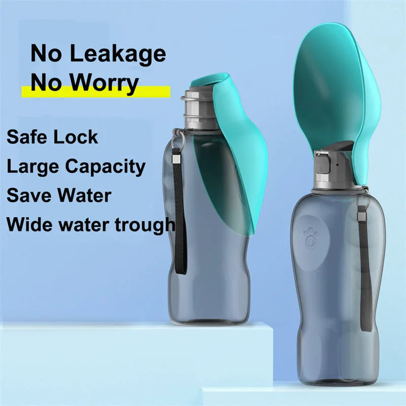 Blue grey portable 800ml dog water bottle with foldable drinking bowl and wrist strap.