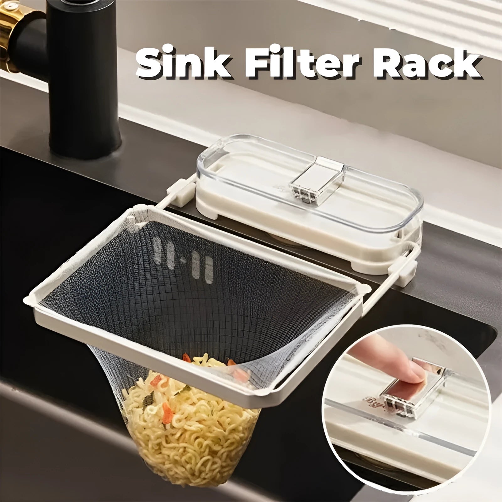 Green kitchen sink filter rack with suction cups and disposable filter pockets for food waste collection