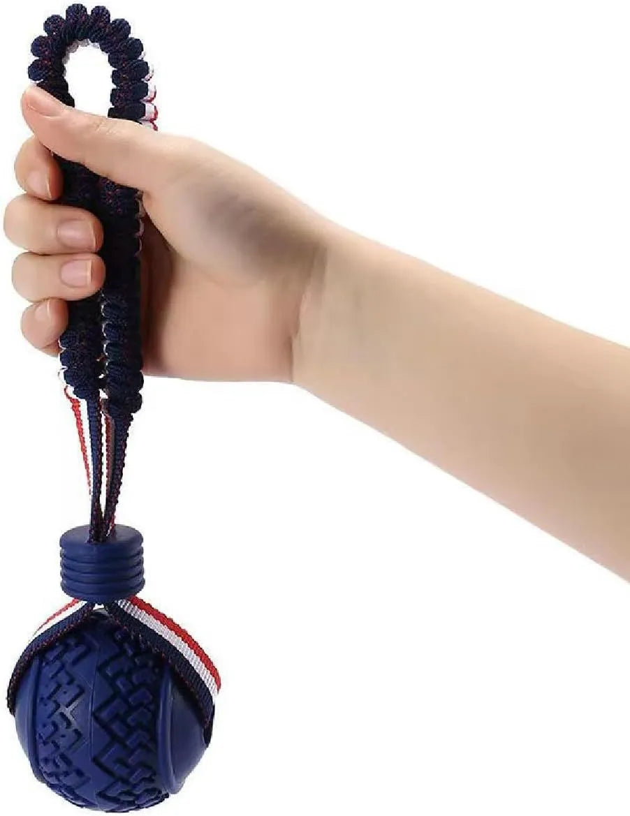 Blue and red natural rubber dog ball with rope handle toy for medium and small dogs