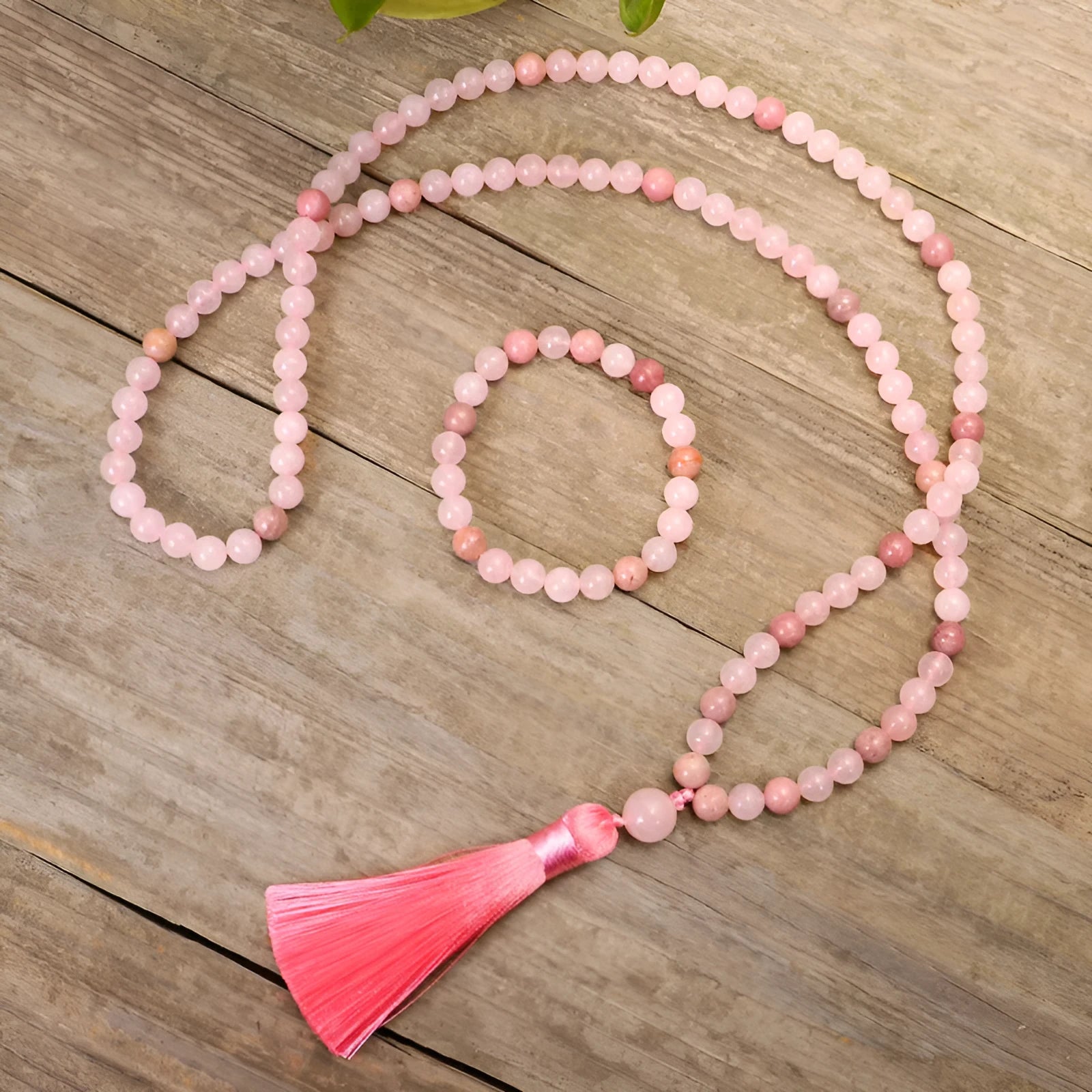 Stone bead yoga necklace and bracelet set with crystal drop pendant and long fringe tassels