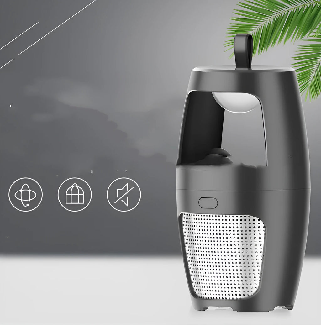 Black or white USB-powered mosquito killer lamp with rechargeable battery for indoor use.