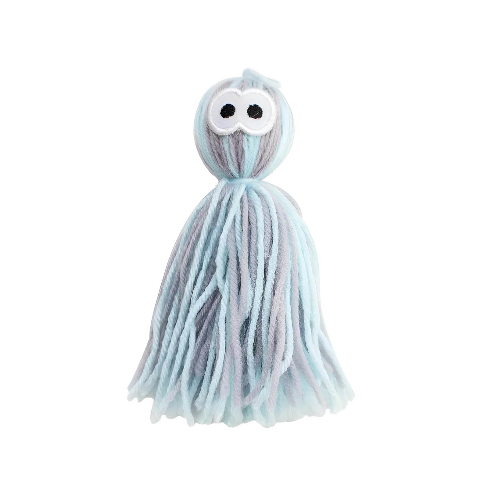 Cat toy set with wool ball, hanging attachment, and teaser stick in blue-gray colour combination