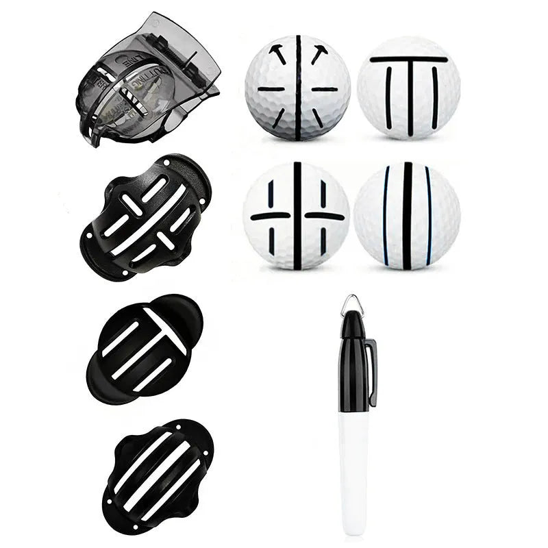 Golf scriber putter alignment tool set with plastic scribers and drawing pens on a practice green.