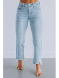 Women's dark blue denim casual trousers with a hand-distressed finish on a hanger.