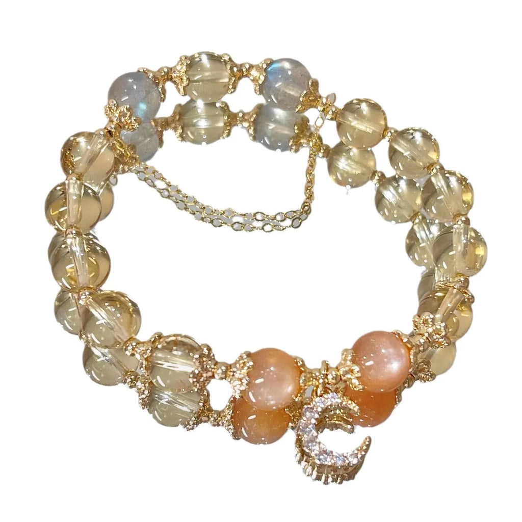 Chinese style women's crystal bracelet with 14K gold electroplating, moonstone, and golden sun stone fortune crystal design