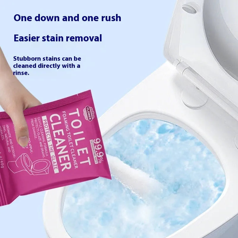 Box and large bag of toilet bubble effervescent powder cleaner for descaling.