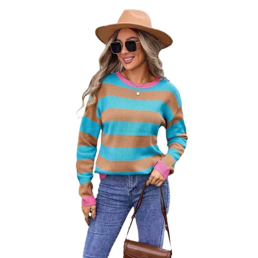 Women's loose long sleeve round neck acrylic sweater in striped or plaid pattern