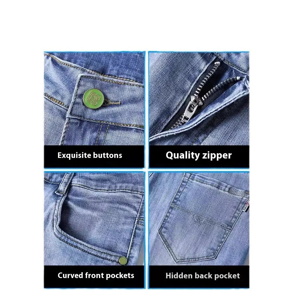 Men's thin stretch tapered denim trousers in light blue colour on a business casual model