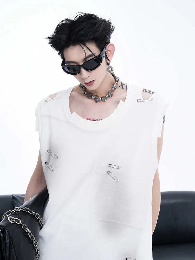 Men's black sleeveless vest waistcoat with ripped and irregular cutting detail on a mannequin.