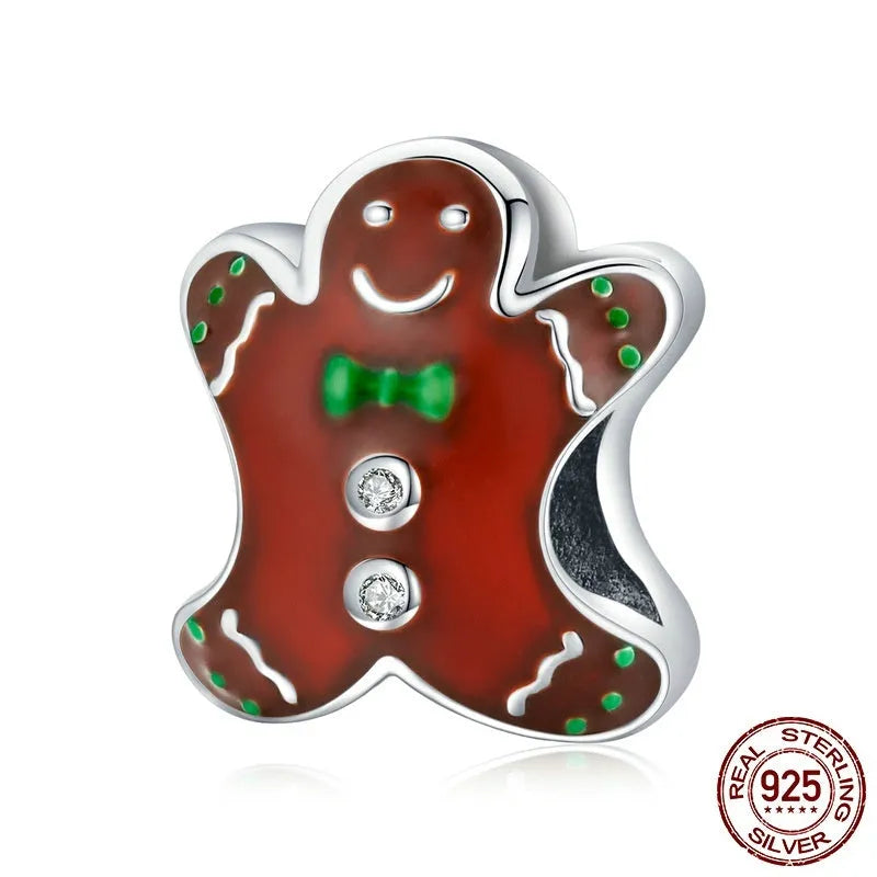 Christmas gingerbread man 925 sterling silver bead with dripping oil finish, 1.2cm height, 0.5cm aperture, on white background