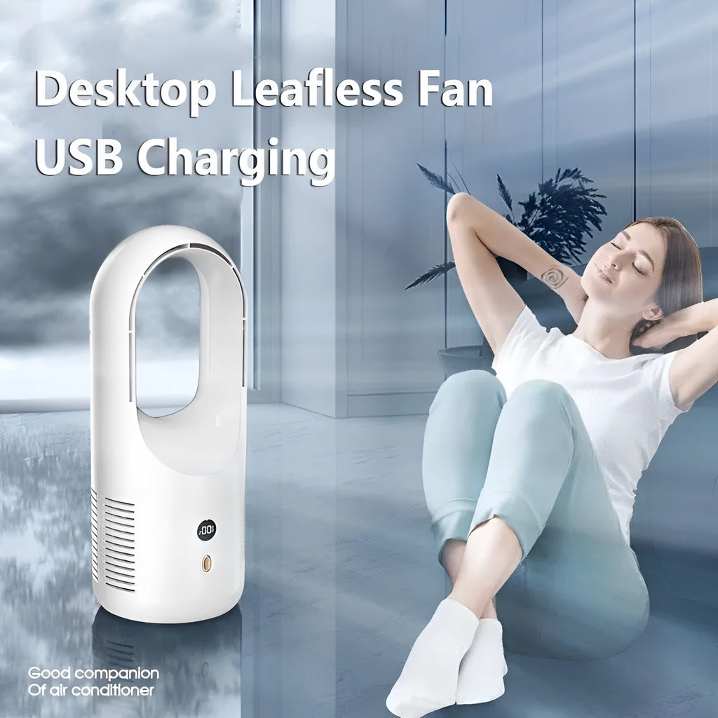 X28 bladeless desktop fan with LED display on a desk next to a Type-C charging cable.
