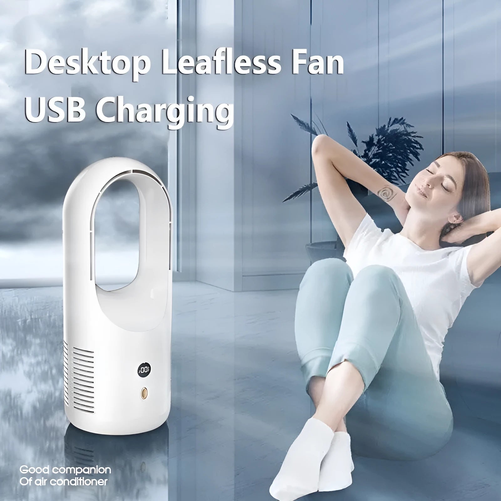 X28 bladeless desktop fan with LED display on a desk next to a Type-C charging cable.