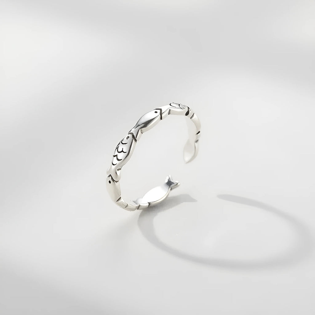 Women's adjustable S925 sterling silver vintage fish ring showing carp design elements