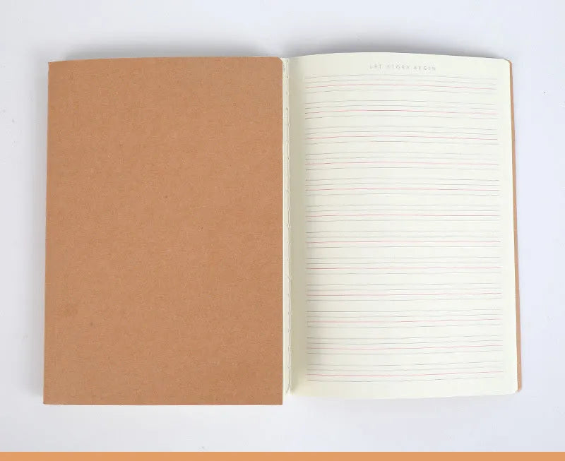 Beige leather thread-bound notebook open showing soft paper with ruled lines.