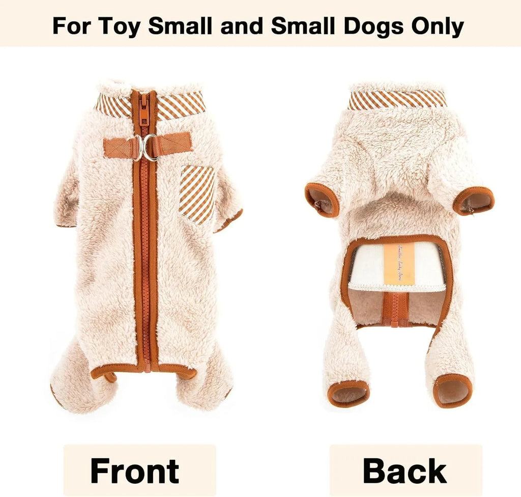 Green plush fleece dog jumpsuit coat with four legs and a back zipper, shown on a small dog.