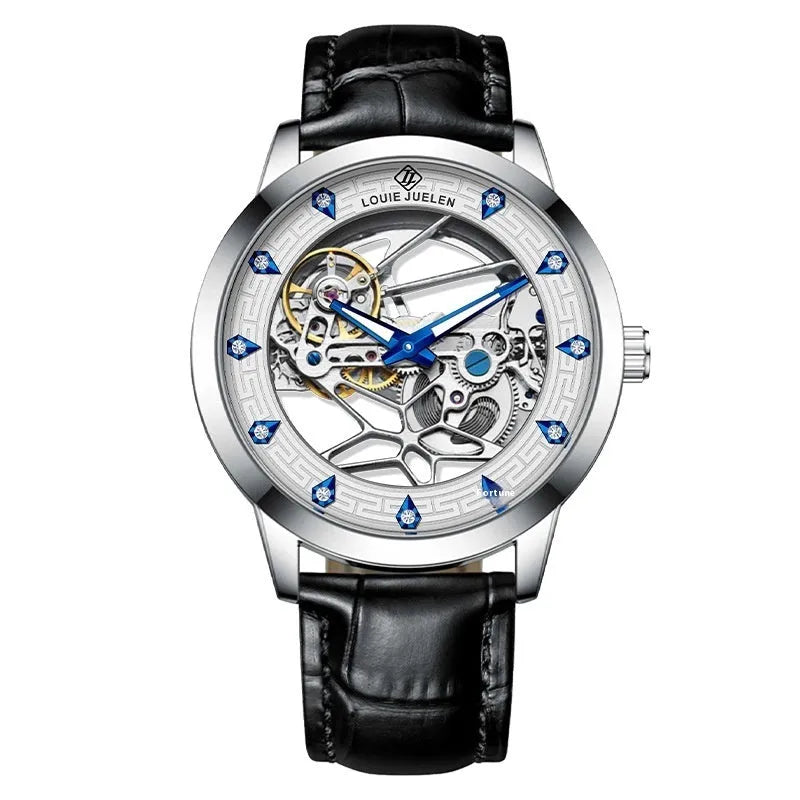 Men's silver-cased mechanical watch with white dial, blue hands, black leather strap, and butterfly buckle.