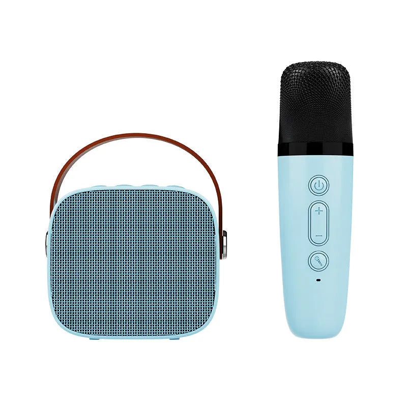 Portable Bluetooth speaker with microphone in white, pink or blue colours showing compact 8x6.5x7cm size