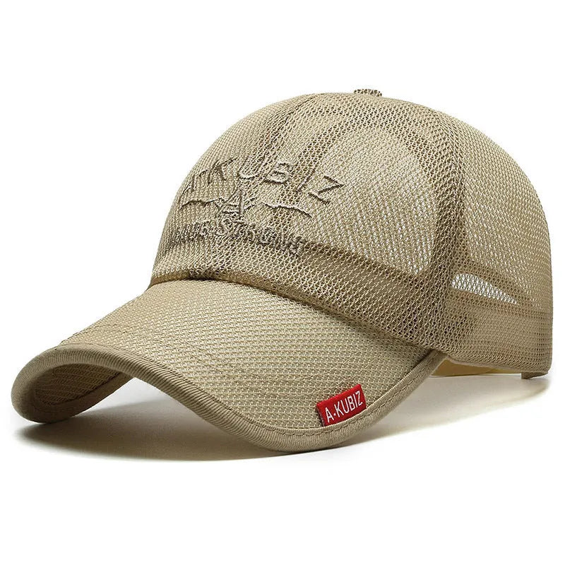 Men's adjustable mesh baseball cap in army green colour showing dome crown style.